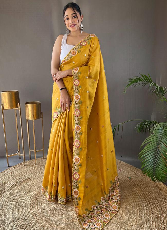 Matka Silk Yellow Festival Wear Embroidery Work Saree